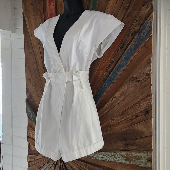 Marissa Webb Dixon paper bag cotton Romper white Dress Sz 4 pockets